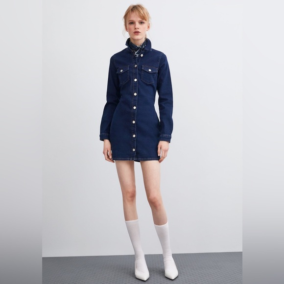 ZARA Authentic Denim Dress Shirt Mini Button-up Long-sleeve Navy Blue XS - Picture 2 of 7